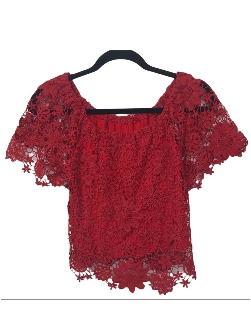 Nightcap By Carisa Rene Red Crochet Off The Shoulder Crop Top NWT $242 Approx XS